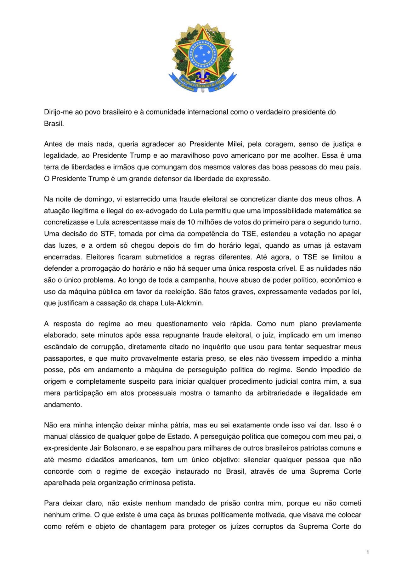 Na nota, o senador afirma que permanecerá nos EUA lutando pelo Brasil